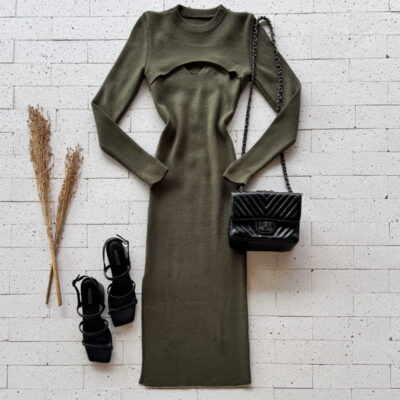 CONJUNTO MODAL CANELADO VESTIDO MIDI E CROPPED DE SOBREPOR VERDE OLIVA