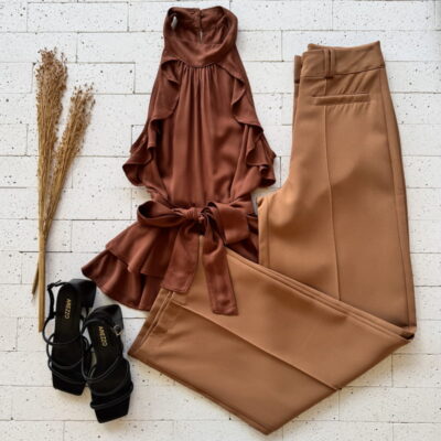 BLUSA BOHO COM AMARRAÇÇÃO NA CINTURA MARROM