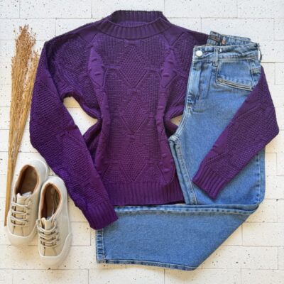 BLUSA TRICO DETALHE TRAMA COM BOLHAS ROXO ESCURO