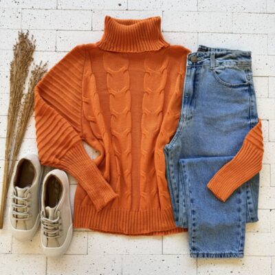 BLUSA TRICO GOLA ALTA COM MANGA CANELADA E TRAMA FRONTAL LARANJA