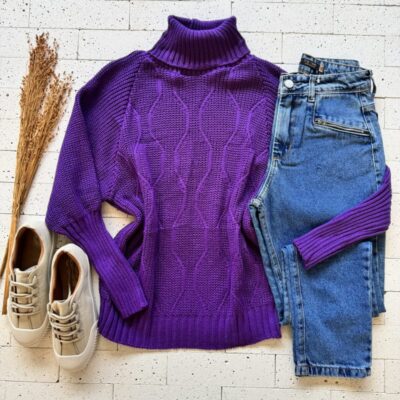 BLUSA TRICO GOLA ALTA COM TRAMA ONDULADA ROXO