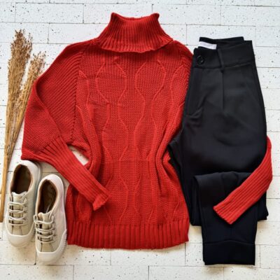 BLUSA TRICO GOLA ALTA COM TRAMA ONDULADA VERMELHO