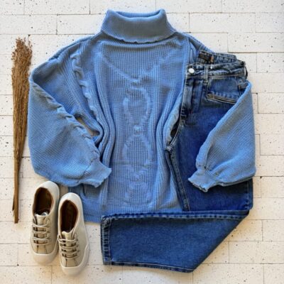 BLUSA TRICO MANGA OVERSIZED GOLA ALTA COM TRAMA FRONTAL AZUL