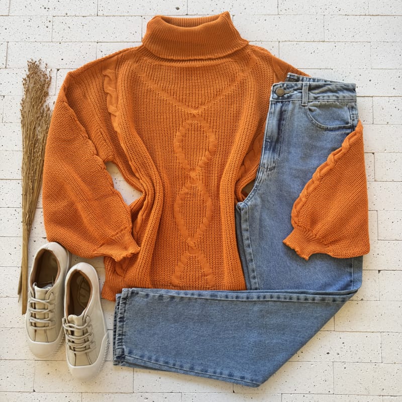 BLUSA TRICO MANGA OVERSIZED GOLA ALTA COM TRAMA FRONTAL LARANJA BLUSA TRICO MANGA OVERSIZED GOLA ALTA COM TRAMA FRONTAL LARANJA