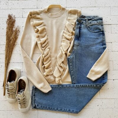 BLUSA TRICO MODAL COM BABADOS FRONTAL BEGE