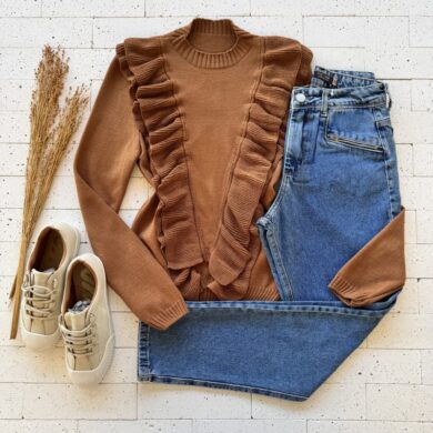 BLUSA TRICO MODAL COM BABADOS FRONTAL MARROM