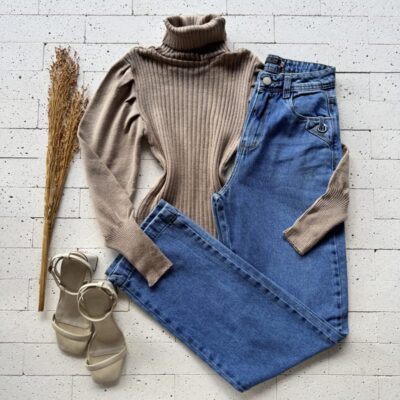 BLUSA TRICO MODAL PRINCESA GOLA ALTA LUXO BEGE