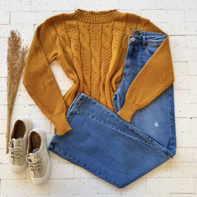 BLUSA TRICO TRAMA TRANÇADA MANGA LONGA MOSTARDA