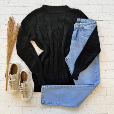 BLUSA TRICO TRAMA TRANÇADA MANGA LONGA PRETA