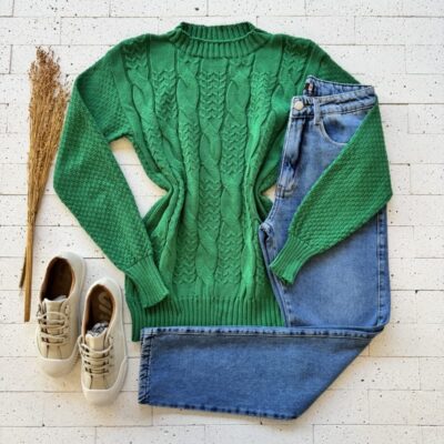 BLUSA TRICO TRAMA TRANÇADA MANGA LONGA VERDE