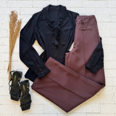 CAMISA SOCIAL GOLA E PUNHO BABADINHOS E AMARRAÇÃO LUXO PRETA