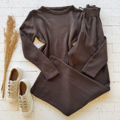 CONJUNTO TRICO MOUSSE CROPPED E CALÇA PANTALONA CAFÉ