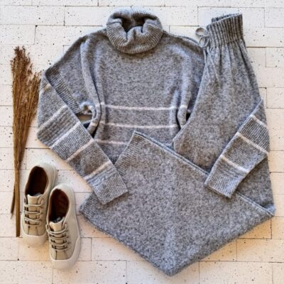 CONJUNTO TRICO MOUSSE CROPPED LISTRA E CALÇA PANTALONA CINZA