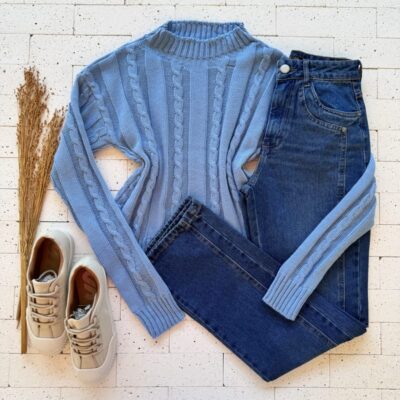 CROPPED TRICO ALONGADO TRAMA CORDAS AZUL