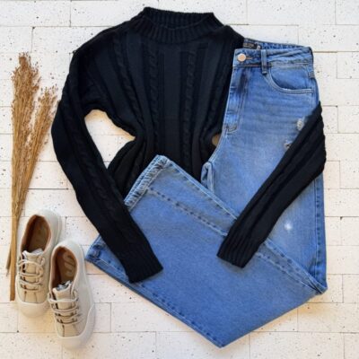 CROPPED TRICO ALONGADO TRAMA CORDAS PRETO