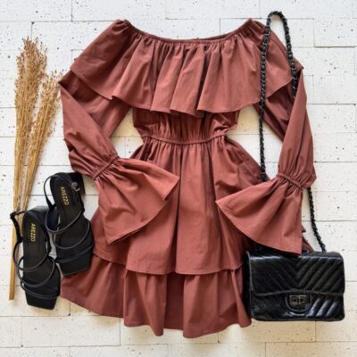 VESTIDO BOHO CIGANINHA TRICOLINE COM MANGA FLARE MARROM