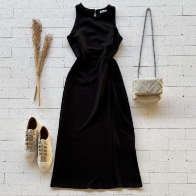 VESTIDO MIDI DETALHE CINTURA PRETO