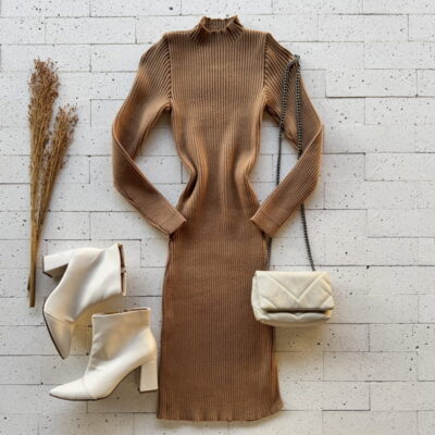 VESTIDO TRICO MODAL MIDI CANELADO COM FENDA NUDE