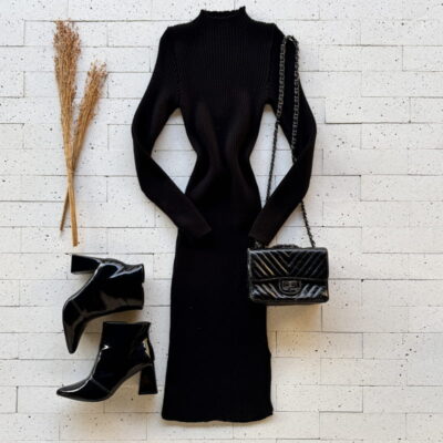 VESTIDO TRICO MODAL MIDI CANELADO COM FENDA PRETO