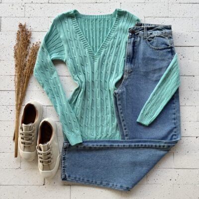 BLUSA TRICO GOLA V TRAMA CANELADA MENTA