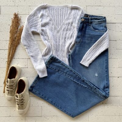 BLUSA TRICO GOLA V TRAMA CANELADA OFF