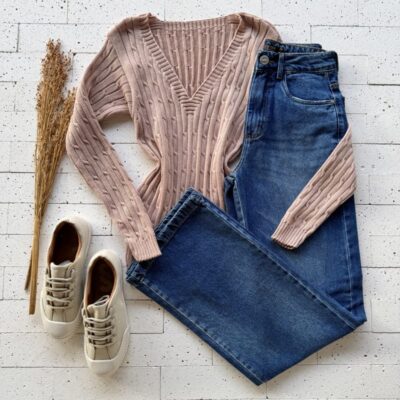 BLUSA TRICO GOLA V TRAMA CANELADA ROSÊ