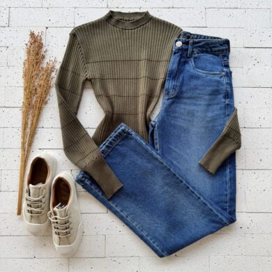 BLUSA TRICO MODAL MANGA LONGA DETALHADA VERDE OLIVA