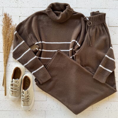 CONJUNTO TRICO MOUSSE CROPPED LISTRA E CALÇA PANTALONA MARROM