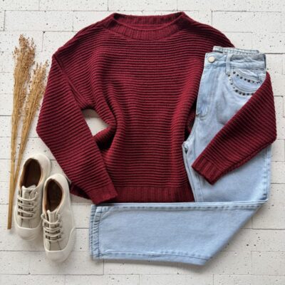 BLUSA EM TRICO MOUSSE MANGA LONGA MARSALA