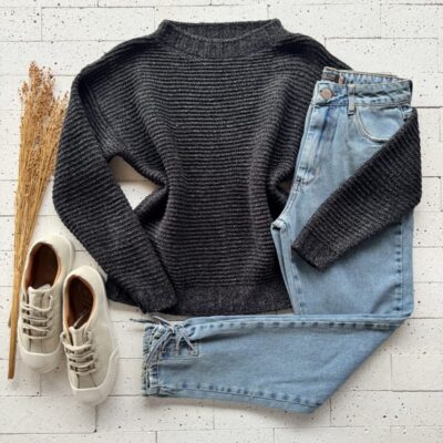 BLUSA EM TRICO MOUSSE MANGA LONGA PRETO MESCLADO