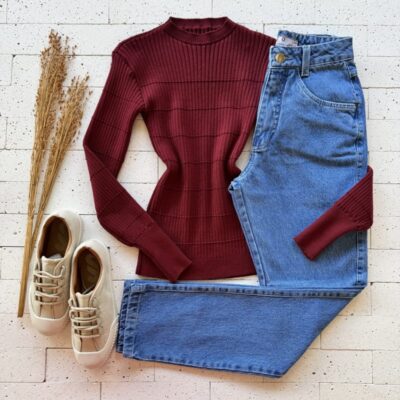BLUSA TRICO MODAL MANGA LONGA DETALHADA VINHO