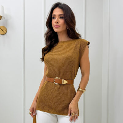 Dondoca_com_br Colete Trico Alongado Basic Marrom