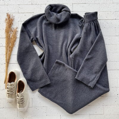 CONJUNTO TRICO MOUSSE COM GOLA BOBA MESCLADO GRAFITE