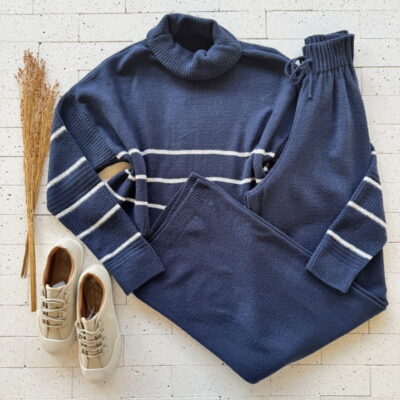 CONJUNTO TRICO MOUSSE CROPPED LISTRA E CALÇA PANTALONA MARINHO