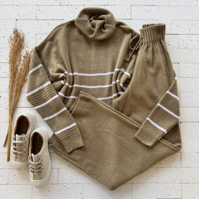 CONJUNTO TRICO MOUSSE CROPPED LISTRA E CALÇA PANTALONA NUDE