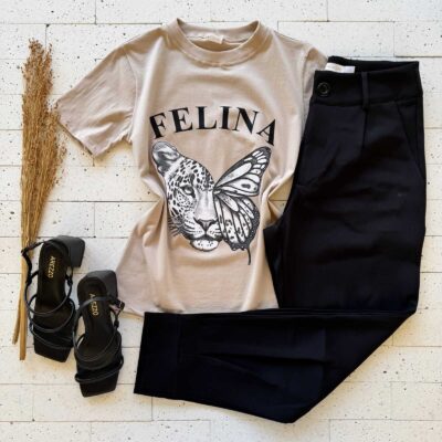 T-SHIRT ALGODÃO ESTAMPA FELINA BEGE