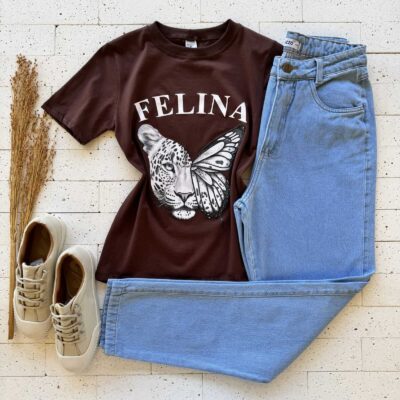 T-SHIRT ALGODÃO ESTAMPA FELINA MARROM