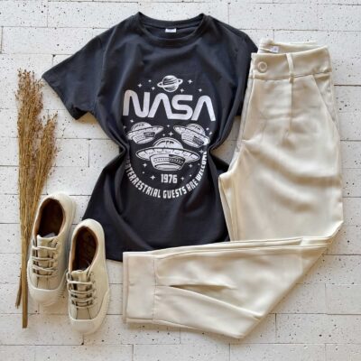 T-SHIRT ALGODÃO ESTAMPA NASA CINZA