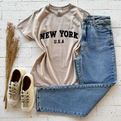 T-SHIRT ALGODÃO ESTAMPA NEW YORK U.S.A BEGE