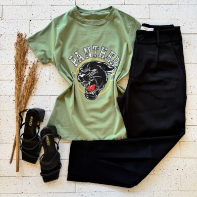 T-SHIRT ALGODÃO ESTAMPA PANTERA VERDE