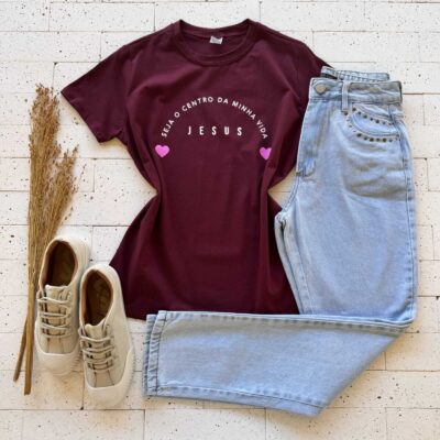 T-SHIRT ALGODÃO ESTAMPA SEJA O CENTRO DA MINHA VIDA JESUS VINHO