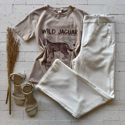 T-SHIRT ALGODÃO ESTAMPA WILD JAGUAR BEGE