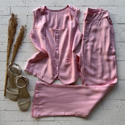 CONJUNTO BLUSA DECOTE QUADRADO E CALÇA RETA