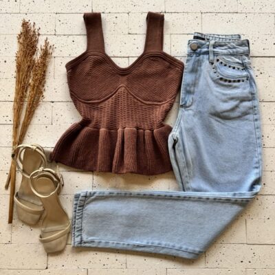 CROPPED REGATA MODAL PEPLUM DETALHADO MARROM