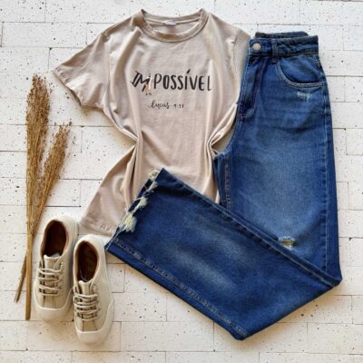 T-SHIRT ALGODÃO ESTAMPA IMPOSSÍVEL BEGE