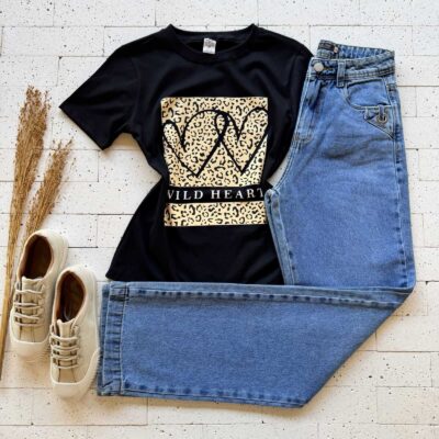 T-SHIRT ALGODÃO ESTAMPA WILD HEART ANIMAL PRINT PRETO