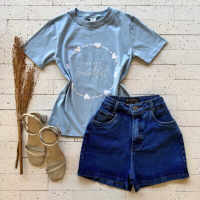 T-SHIRT ALGODÃO ESTAMPA YOU ARE BEAUTIFUL AZUL