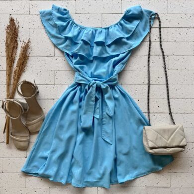 Dondoca_com_br Vestido Ciganinha Detalhado Com Amarracao Fixa Azul