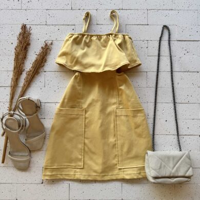 Dondoca_com_br Vestido Cotton Detalhe Bolsos E Abertura Na Cintura Amarelo