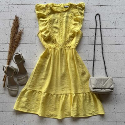 Dondoca_com_br Vestido Detalhe Babados E Gripier Frontal Amarelo